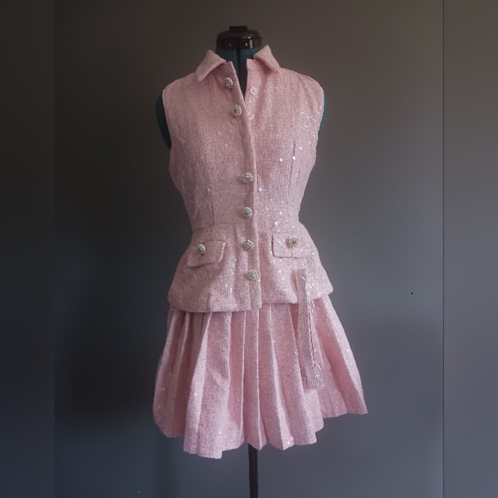 NWT Miss Rosier Elise Pink Pleated Embllished Sleeveless Tweed Dress Size M